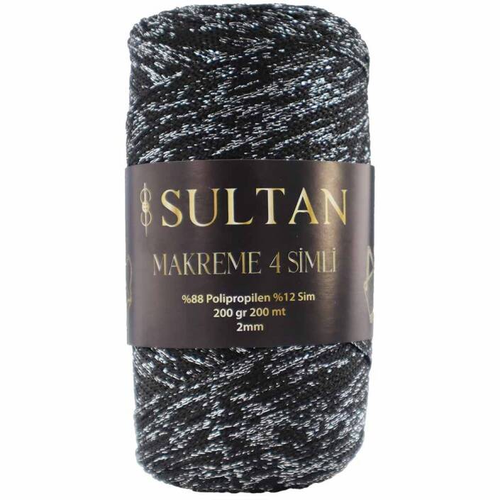 NO:4 Simli Polyester Makrome İpi ( 200 Gr ) 1270 Siyah Gümüş Sim - 1