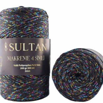 NO:4 Simli Polyester Makrome İpi ( 200 Gr ) 4270 Siyaha Rengarenk Sim - 2
