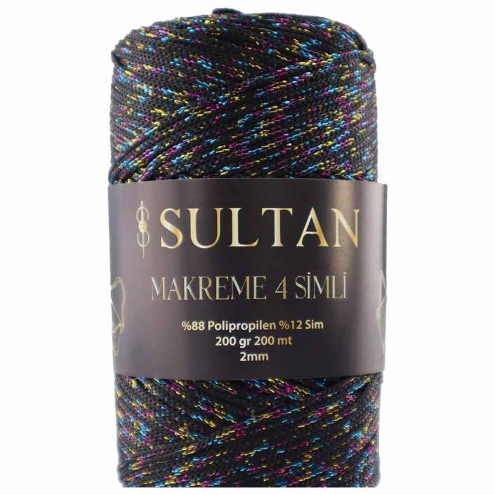 NO:4 Simli Polyester Makrome İpi ( 200 Gr ) 4270 Siyaha Rengarenk Sim - 1