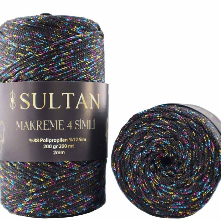 NO:4 Simli Polyester Makrome İpi ( 200 Gr ) 4270 Siyaha Rengarenk Sim - 2